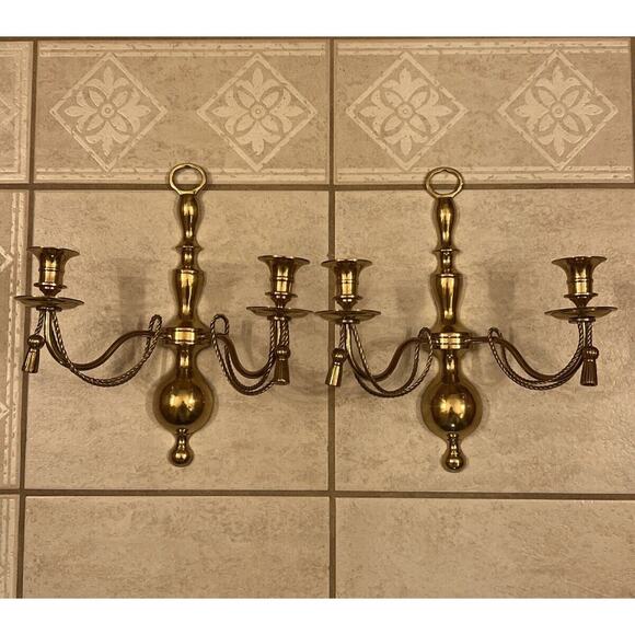 VINTAGE PAIR OF SOLID BRASS GEORGIAN STYLE SCONCES 13in. Made In India - Picture 2 of 16